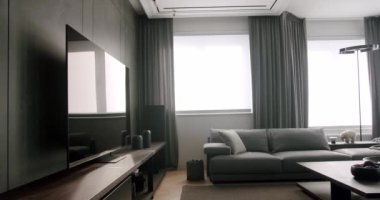 Contemporary interior design of the living room. Stylish interior. Modern interior living room. Fashionable furniture store. Minimalist Home Interior. Cozy Modern Furniture Design. Large TV