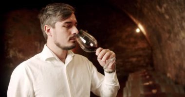 Fabrikada ya da depoda şarap içen bir adam. Sommelier kontrol ediyor ve bir bardak kırmızı şarap içiyor. Sommelier eski mahzendeki şaraba hayran kaldı. Erkek şarap üreticisi mahzende kırmızı şarap tadıyor..