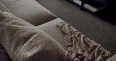 Yumuşak gri bir kanepenin olduğu, battaniyeyle örtülmüş, minimalist rahatlık ve incelik hissi veren modern bir oturma odası. Rahat gri kanepesi ve fırlatması olan modern oturma odası.