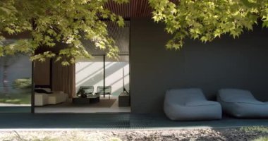 Zarif salon mobilyalarının bulunduğu, sakin yeşilliklerle çevrili, benekli güneş ışığı altında modern bir evin şık bir açık hava alanı. Modern Ev Dışı Şık Loca Mobilyaları Ağaçların Altında