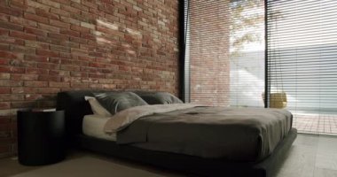 Minimalist bir tasarımı, koyu renk çarşafları ve çarpıcı tuğla duvarı olan çağdaş bir yatak odası. Manzarayı gösteren geniş bir pencere, kentsel ve doğal elementleri harmanlıyor. Tuğla Duvarlı Modern Yatak Odası