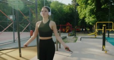Formda bir kadın kardiyo yapıyor ve parkta zıplıyor. Atlama halatı kullanan bir kadın. Parkta egzersiz yapan ve kardiyo yapan bir kadın. Fitness eğitimi ve vücut bakımı konsepti. İp atlanıyor.