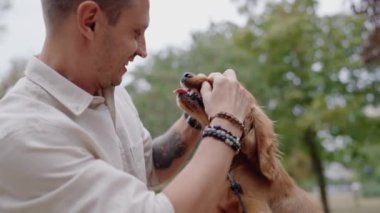 Adam parkta köpek dişlerini kontrol ediyor. Bej gömlekli genç adam köpeğini tutuyor. Parktaki köpek sahibi. Sevimli bir köpek yavrusu ve genç bir yetişkin. Altın Cocker Spaniel Köpek.