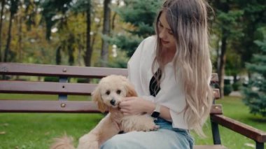 Genç bir kadın parkta bir bankta oturuyor ve sevimli tüylü köpeğiyle eğleniyor. Aralarında özel bir sevgi ve arkadaşlık bağı var. Köpek sahibinden gördüğü ilgiden zevk alır..