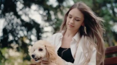 Genç bir kadın parkta bir bankta oturuyor ve sevimli tüylü köpeğini tutuyor. Köpeği nazikçe okşar ve gülümser. Köpek ilgiyi sever ve kameraya bakar..