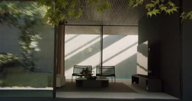 Zarif mobilyaların, abartısız dekorların ve sakinleştirici doğal ışığın olduğu sakin, modern bir ev terası. Doğal Aydınlatma ve Mobilyalı Zarif Modern Ev Bahçesi