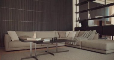 Şık dekore edilmiş bir iç mekan büyük modern bir kanepe, şık bir sehpa ve lüks bir ev atmosferi için mükemmel tasarım rafları sergiliyor. Modern Mobilya Dekorlu Zarif Oturma Odası