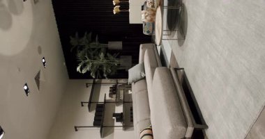 Gri mobilyalı modern Minimalist oturma odası. Köşedeki kanepe, sandalye ve kitaplığı olan lüks modern ev içi. Moda mobilyalar. Minimalist İç İşleri. Dikey video.