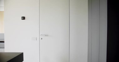 Beyaz modern kapısı ve beyaz minimalist sapı olan modern bir daire. Yaşam tarzı ve şık bir oda. Modern Showroom. Minimalist modern iç mekanda beyaz ve gri duvar. 