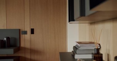 Ahşap duvarlı ve gri mobilyalı minimalist oturma odası. Gri kitaplıklı lüks Modern Ev İçi. Moda mobilyalar. Modern raflar ve kitaplarla Minimalist Ev İçi. Zarif Oda