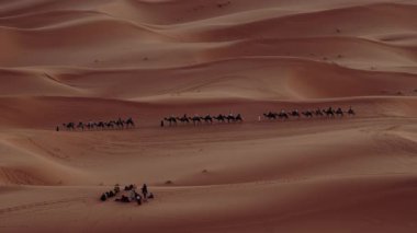 Deve kervanı uçsuz bucaksız Sahra Çölü 'nden geçer. Turistler aşağıda toplanarak nefes kesici sahneyi çekiyorlar. Görkemli kum tepeleri ufka kadar uzanıyor. Doğanın hayranlık uyandıran bir manzarası. Macera