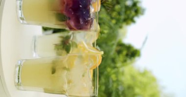 Limon, narenciye, portakal, greyfurt, nane, su ve buz ile ferahlatıcı limonata içeceği, doğal arka planda dönen limonata bardakları. Hikayeler için dikey video.