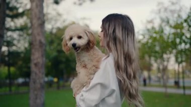 Uzun, sarı saçlı genç bir kadın parkta küçük, tüylü bir köpek tutuyor. Köpek mutlu ve mutlu görünüyor, sevginin tadını çıkarıyor. Kadın beyaz bir gömlek giyiyor ve çimenli bir alanda duruyor.