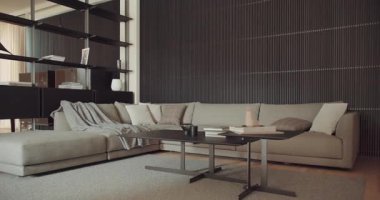 Geniş bej bir kanepe, büyük bir raf ünitesi ve minimalist bir sehpası olan modern oturma odası. İç dizayn teması için mükemmel. Zarif Dekorlu Modern Oturma Odası