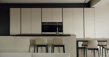 Temiz çizgileri ve tek renkli paleti olan minimalist bir tasarımı olan çağdaş bir mutfak. Dahili aletler ve gösterişli dolaplar. Modern Mutfak Tasarımı Tarz Tasarımı