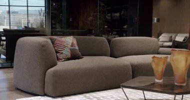 Gri kumaş koltuklu, sandalyeli ve raflı lüks Modern Ev İçi. Gri mobilyalı modern Minimalist oturma odası. Lüks Zarif Oda. Gayrimenkul özel evi.