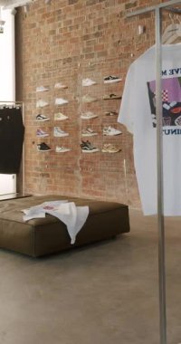 Duvarı tuğlalı, çeşitli spor ayakkabıları ve kıyafetleri olan modaya uygun bir mağaza. Bu şehir perakendecisi müşteriler için havalı ve şık bir ortam sunuyor. Chisinau, Moldova - 18 Ocak 2025