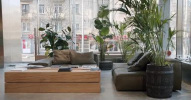 Doğal ahşap mobilyalar ve tropikal bitkilerle modern kurul içi. Rahat koltukları ve geniş pencereleri olan rahat bir oturma alanı. Kentsel görünüm müşteriler için rahatlatıcı bir atmosfer yaratır.