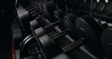 Spor salonundaki bir askılığa düzgünce yerleştirilmiş ağır dambıllar spor salonunun atmosferini ve antrenman hazırlığını vurguluyor. Spor Salonu Rafında Sıralanmış Siyah Dambılların Yakın Görüntüsü