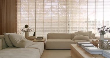 Parlak, minimalist oturma odası geniş pencereli, tahta panjurlu ve rahat koltuklar. Oda doğal ışıkla dolu, rahatlatıcı ve huzurlu bir atmosfer yaratıyor. ev dekorasyonu, iç tasarım