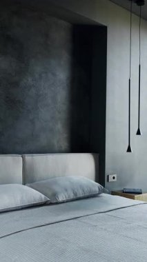 Gri Duvarlı, Beyaz Yataklı ve Siyah Kolye Işıklı Modern Yatak Odası İç Tasarımı. Minimalist estetiği olan rahat ve şık bir yatak odası.