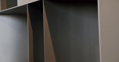 Minimalist kahverengi raf. Modern mobilya ve rahat tasarım. Ev modern siyah raf. Güzel tasarlanmış modern oturma odası mobilyaları. Ev eşyalarıyla dolu raflar. Kapalı minimalist mobilyalar.