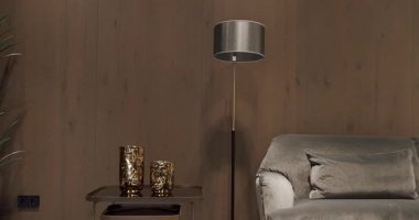 Gri mobilyaları ve tahta duvarları olan modern Minimalist oturma odası. Gri kanepeli, sandalyeli lüks Modern Ev İçi. Moda mobilyalar. Minimalist İç İşleri. Gayrimenkul.
