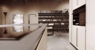 Modern wooden kitchen room furniture. Elegant, Comfortable and Minimalist Home. Domestic Kitchen with modern black sink. Modern Kitchen room with minimalist dining table. Modern Minimalist Home.