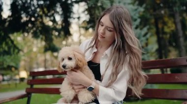 Parktaki bankta oturan ve sevimli kanişiyle sarılan genç bir kadın. Yumuşak esinti yaprakları hışırdatıyor..
