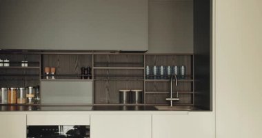 Çağdaş mutfak vitrinleri koyu ahşap dolaplar, dahili aletler ve minimalist dekorlarla süslenmiş zarif tasarımlar sergiliyor. Modern ev kavramları için ideal. Modern Mutfak İçi