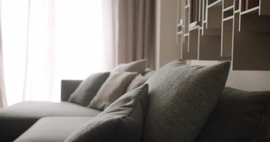 Zarif bir şekilde tasarlanmış modern oturma odası yumuşak doğal ışıkla yıkanmış rahat yastıklı rahat bir kanepe huzurlu ve şık bir atmosfer yaratıyor. Modern Oturma Odası Koltuğu