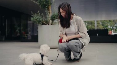 Genç bir kadın şehir kaldırımında küçük, tüylü beyaz köpeğiyle etkileşime giriyor. Köpekleri geri çekilebilir tasmayla tutuyor, ve köpek arka ayakları üzerinde duruyor, onunla eğlenceli bir şekilde etkileşime geçiyor..
