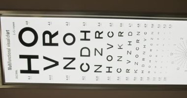 Klinikte Görme Testi için Görsel Grafikler. Bu görüntü, tıbbi ayarlarda görme testi için kullanılan çok fonksiyonlu bir görsel grafiğin yakın çekimini içeriyor. Dikey video.