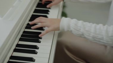 Müzik dersi veren genç bir müzisyen. Sessiz bir kişi dairesinde otururken piyano çalışır. Ev müziği stüdyosu kadını. Müzik eğitimi. Eller piyano tuşlarına basıyor..