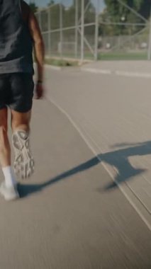 Genç bir adam güneş ışığı altında şehir yolunda koşuyor, zindelik ve canlılığı somutlaştırıyor. Kentsel ortam ve temiz hava aktif yaşam tarzını geliştirir. Genç adam dışarıda koşuyor.