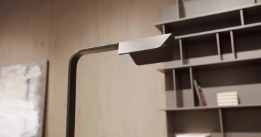 Modern lamba ve ev eşyalarıyla dolu raflar. Minimalist mobilyalar. Minimalist kahverengi raf. Minimalist kitaplık. Modern mobilya ve rahat tasarım. Ev modern siyah raf. Minimalist kahverengi lamba.