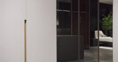 Kaygan Siyah Kapılı Siyah Gardırop. Dolapta Yürüyen Lüks Yatak Odası. Soyunma odası gibi şeyler. Zarif Ahşap Dolapta Yürüme Dekorasyonu. Lüks Soyunma Odası. Modern Sürgülü Kapılar.