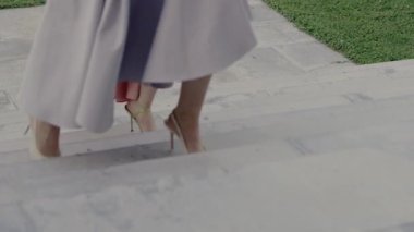 Yüksek topuklu ayakkabı giyen kadınların taş basamaklara tırmandığı yakın çekim. Zarif ayakkabılar, hareket, zarafet ve entelektüellik vurgulanmıştır. Moda Kadınları Yüksek Topuklularla Yürüyor