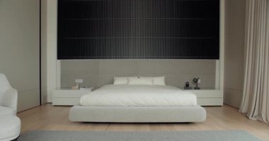 Tarafsız renkler, modern mobilyalar ve sofistike dekorlarla zarif bir şekilde tasarlanmış modern yatak odası. Ev tasarımı temaları için ideal bir görüntü. Tarafsız Tonlarla Modern Yatak Odası İçi