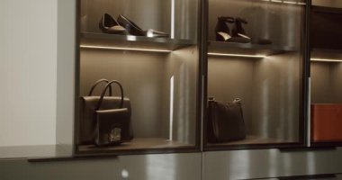 Rafları olan şık bir gömme dolap, parlak cam kapılar şık ayakkabılar, el çantaları ve depolama kutuları. Modern tasarım, lüks gardırop organizasyonu, moda ve iç mimari.