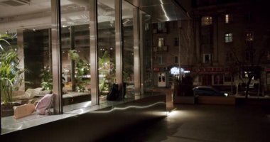 Geceleri moda bir pano vitrininde kaykay, sırt çantaları ve yemyeşil bitkiler sergileniyor. Şehir hayatı yansıyan arka planda yoğunlaşıyor, kentsel bir hava yaratıyor..