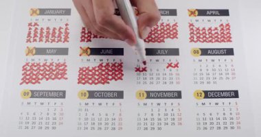 Takvimde günleri işaretleyen ve karalayan bir el resmi. Zaman yönetimi kavramı, hedef belirleme ve yıl boyunca takip süreci. Planlama ve organizasyonu resmediyor.