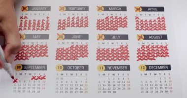 Takvimi kırmızı haçlarla işaretleyen bir elin yakın çekimi, yılın tamamlanmış günlerini gösteriyor. İlerlemeyi takip etme, zaman geçirme ve planlama kavramı.