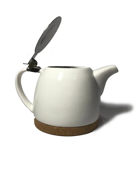 Белый Эстетический Керамический Чайник Открытой Крышкой Белом Фоне — стоковое фото