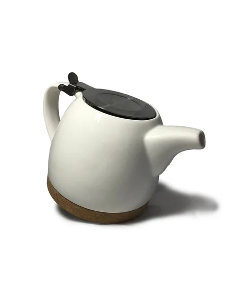 Белый Эстетический Керамический Чайник Деревянный Дно Белом Фоне — стоковое фото