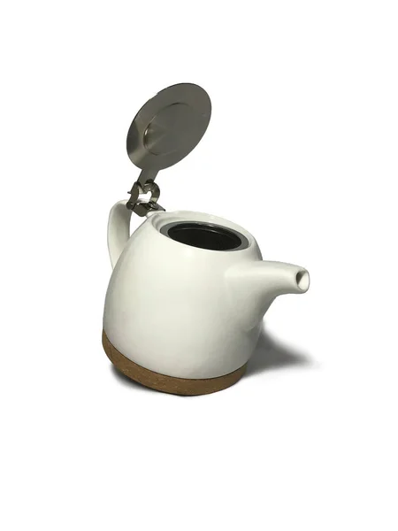 Teekanne Aus Weißer Keramik Mit Offenem Deckel Auf Weißem Hintergrund — Stockfoto