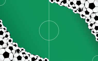 Futbol temalı arka plan şablonu. Köşelerinde birçok futbol topu ve ortasında bir futbol sahası var..