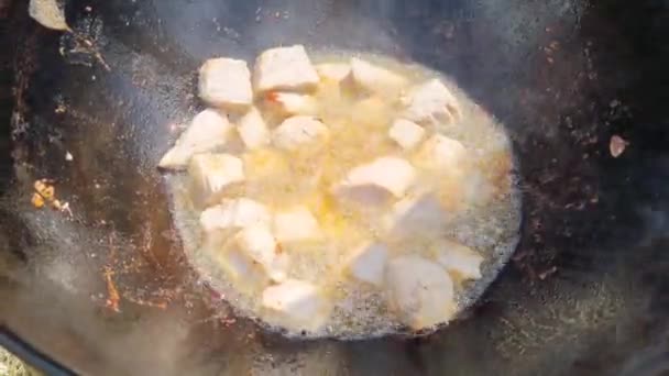 肉在一个大锅里煎了 — 图库视频影像