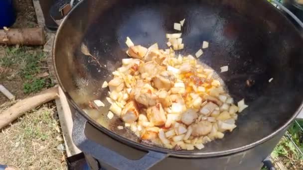 Mięso Cebulą Smażone Jest Kotle — Wideo stockowe