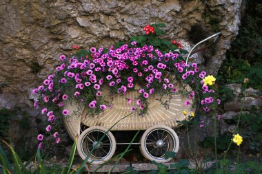 Baby stroller with beautiful petunia flowers. clipart